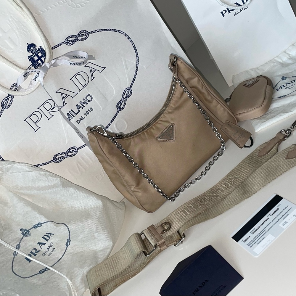 Prada Re-Nylon Shoulder Bag with Chain and Pouch